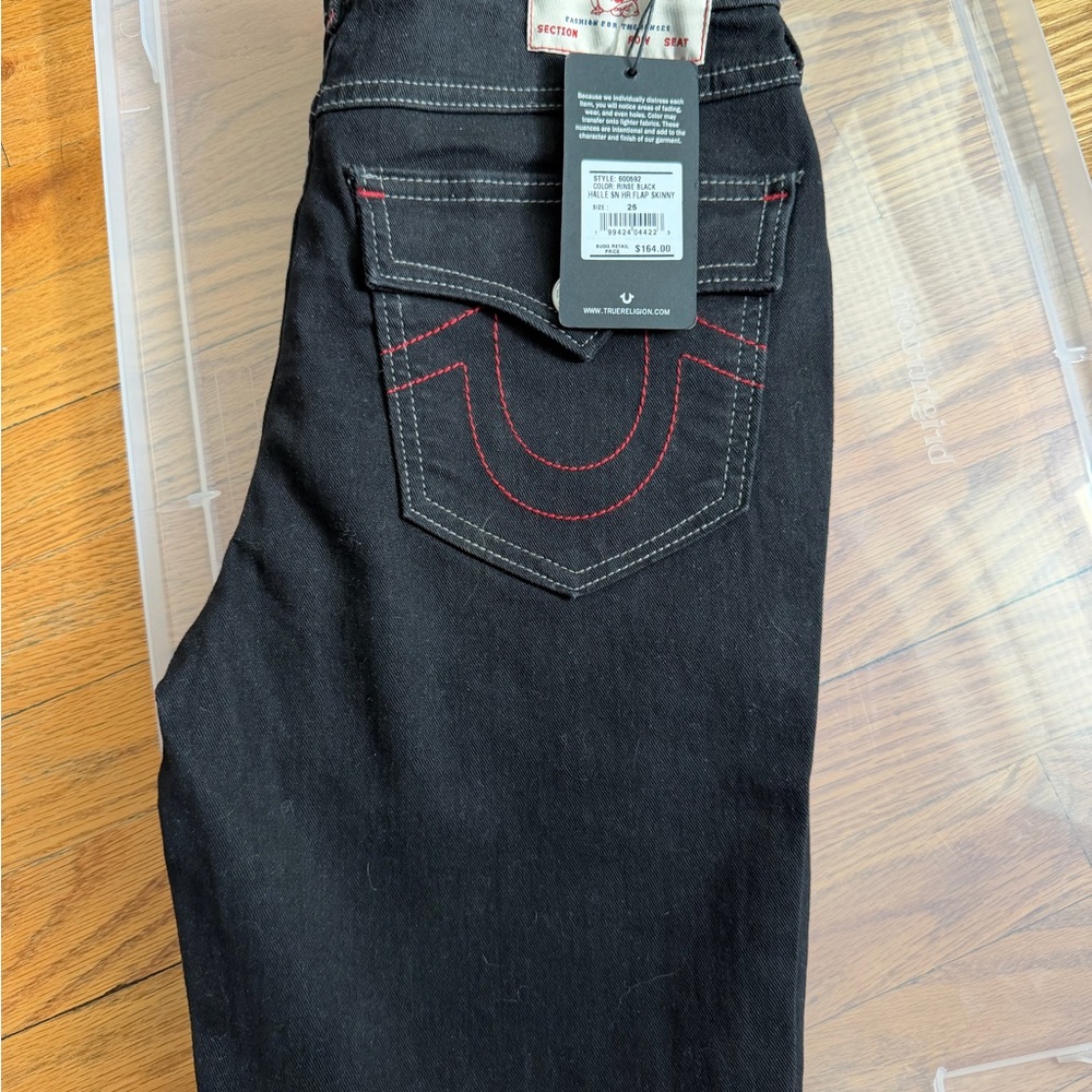 True Religion Women Black Jeans with Red Contrast Stitching